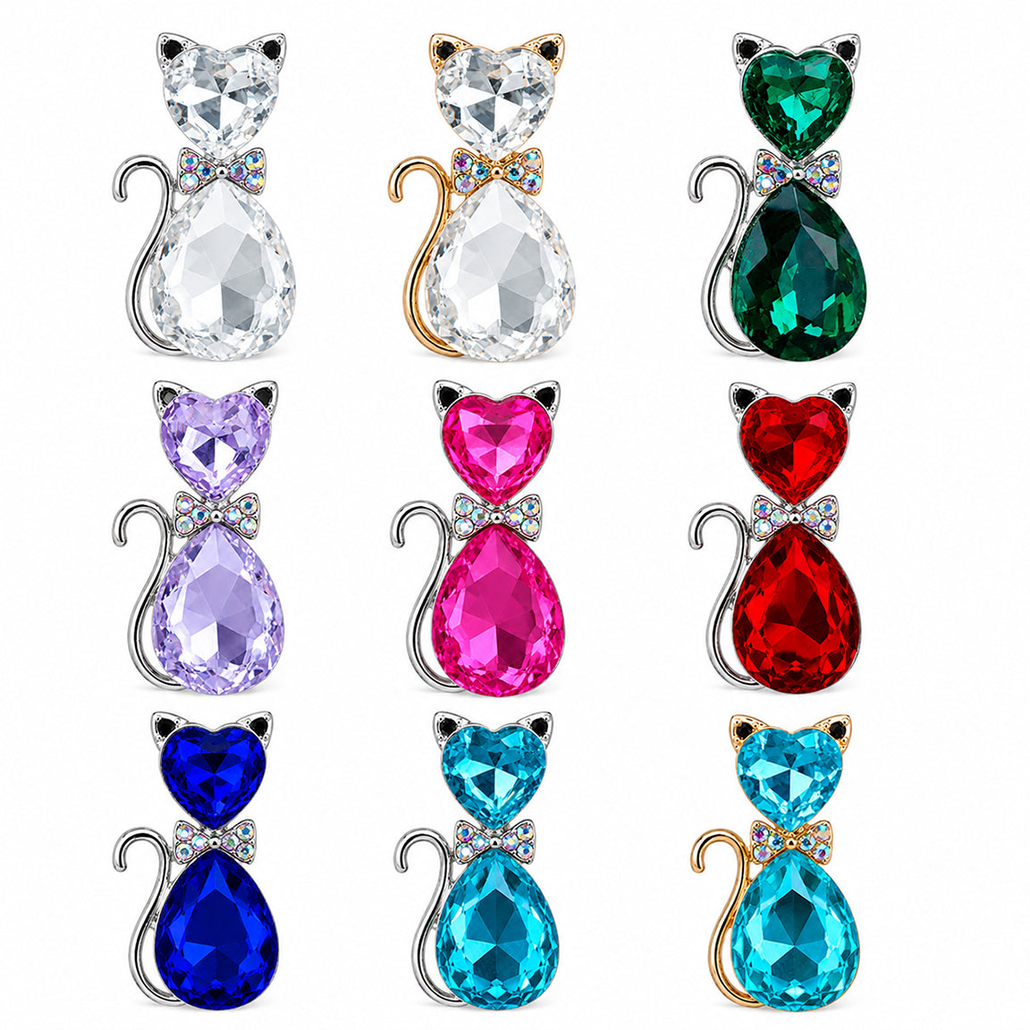 Set of colorful cat-shaped pendant necklaces with gemstones on a white background.  Cat lover jewelry.