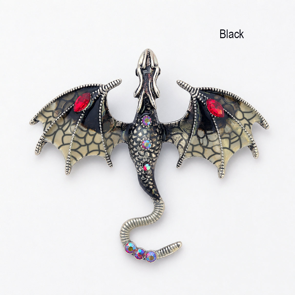 Black Dragon-shaped brooch pendant with intricate design and gemstones on a white background. Dragon fantasy jewelry