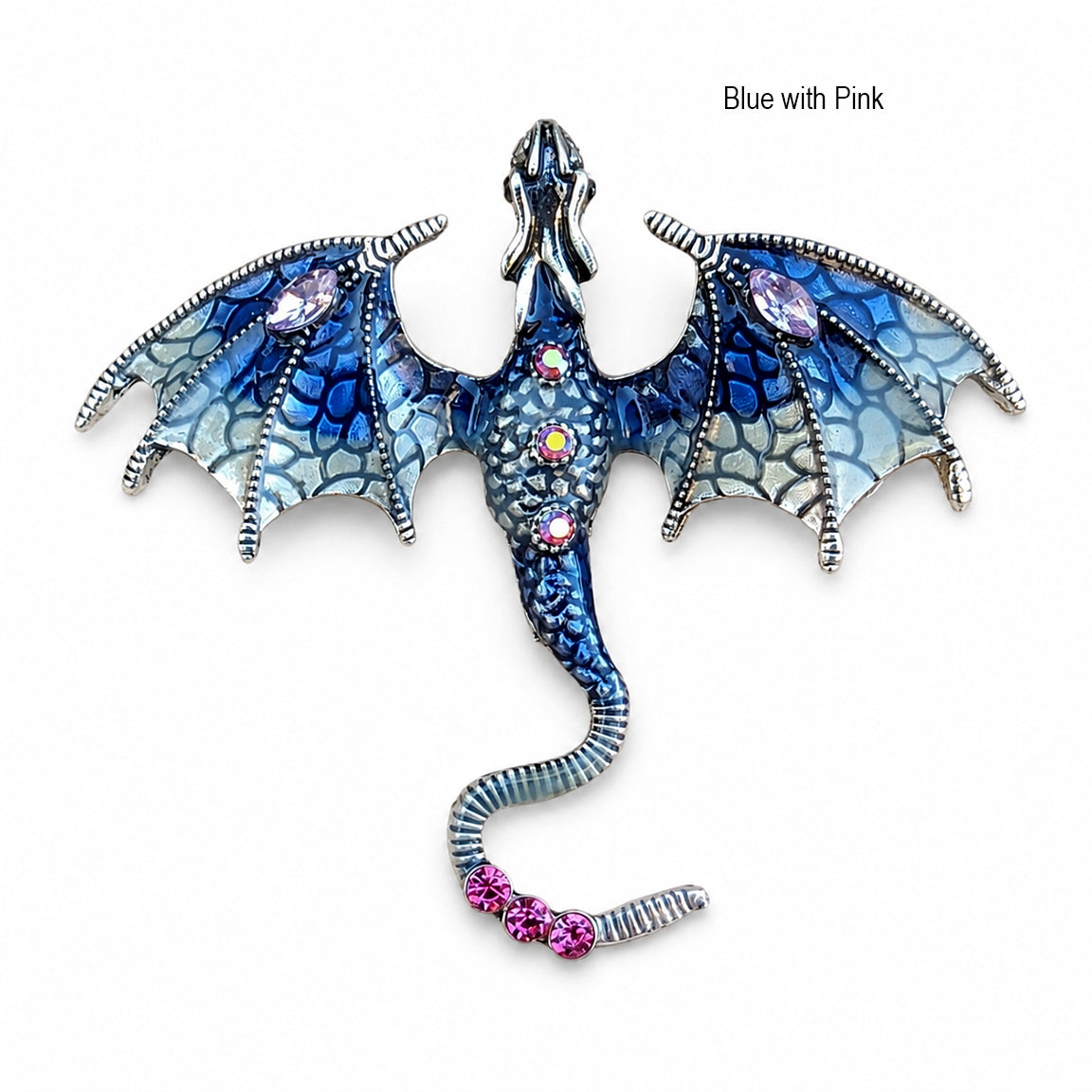 Blue dragon-shaped brooch with pink accents on a white background.  Dragon fantasy jewelry
