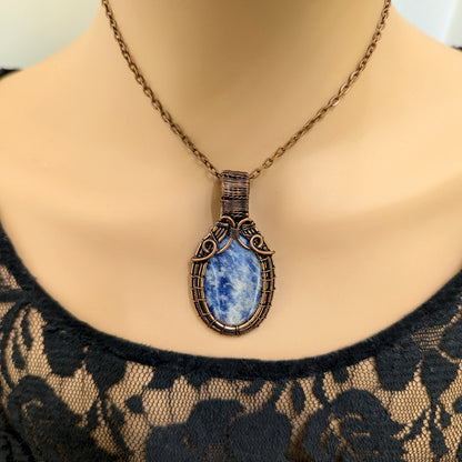 Blue Sodalite Copper Wire Wrapped Stone Pendant, Wire Wrapped Jewelry