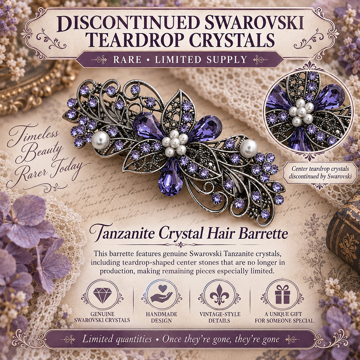 Tanzanite Swarovski Crystal Barrette for Thick Hair | Floral Bridal Hair Clip