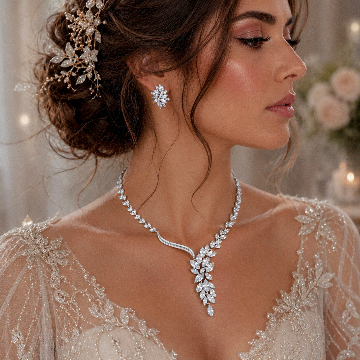 Woman wearing a sparkling cubic zirconia crystal bridal necklace and earring set with a blurred floral background