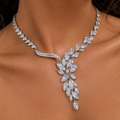 Elegant bridal cubic zirconia diamond necklace with leaf detail on a model's neck