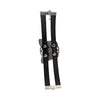 the back side of a silver butterfly bracelet, showing silver rivets and leather straps against a white background