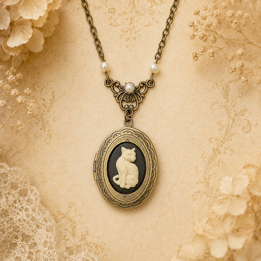 Vintage-style necklace with a cat cameo locket pendant on a floral background.  Cat lovers jewelry