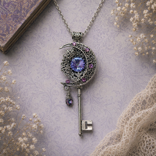 Decorative necklace with key and moon design on a textured surface with flowers.  Celestial Moon Key Necklace – Fantasy Fairycore Jewelry with Swarovski Crystals