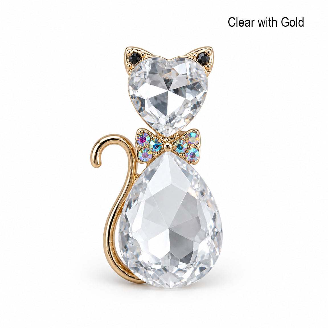 Clear crystal cat-shaped pendant with gold accents on a white background