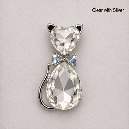 Clear crystal cat-shaped pendant with silver accents on a light gray background