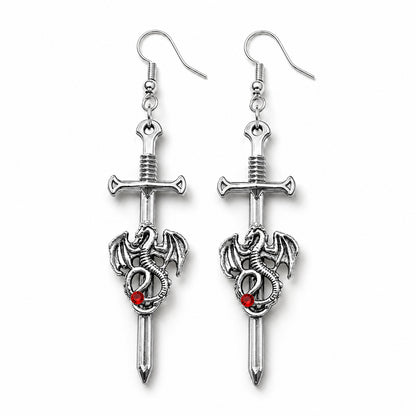 Silver sword-shaped earrings with dragon designs and red gemstones on a white background