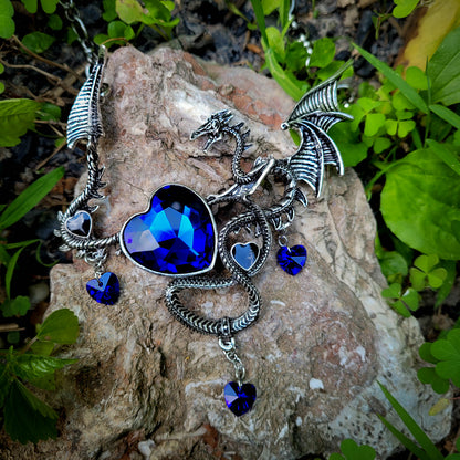 Blue dragon choker necklace-fantasy jewelry, on a stone outside
