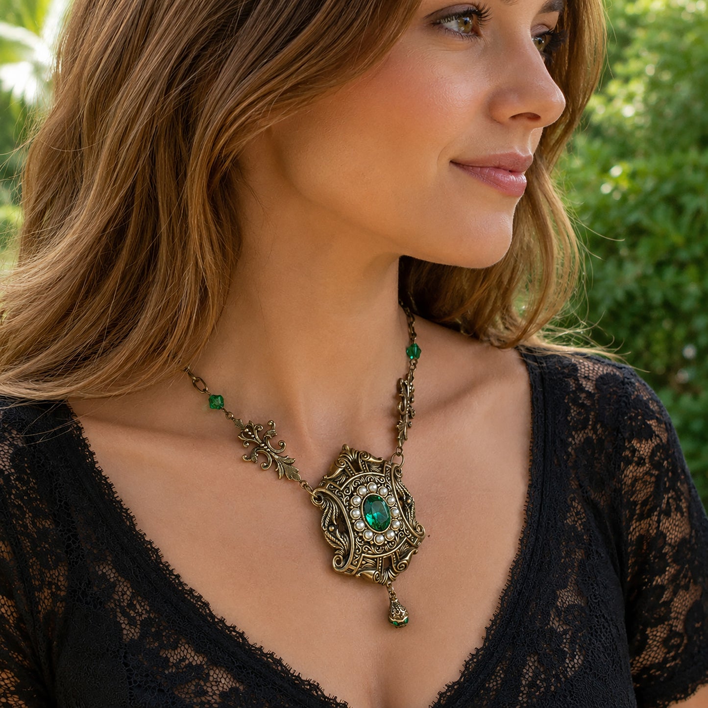 Victorian Swarovski Pearl & Green Crystal Bridal Necklace – Antique Brass Vintage Statement Jewelry worn on a female model.