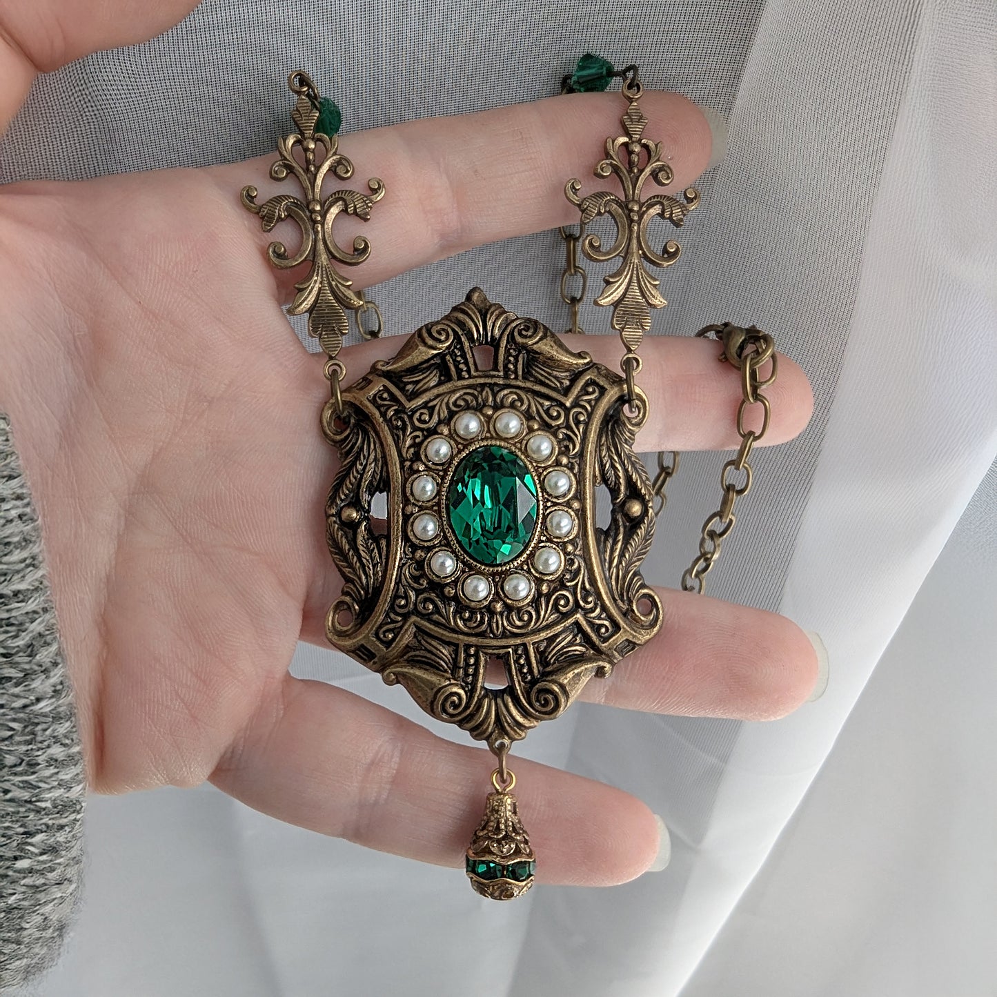 Victorian Baroque Vintage Style Brass Necklace made with Swarovski Emerald Green stone and pearl accents
