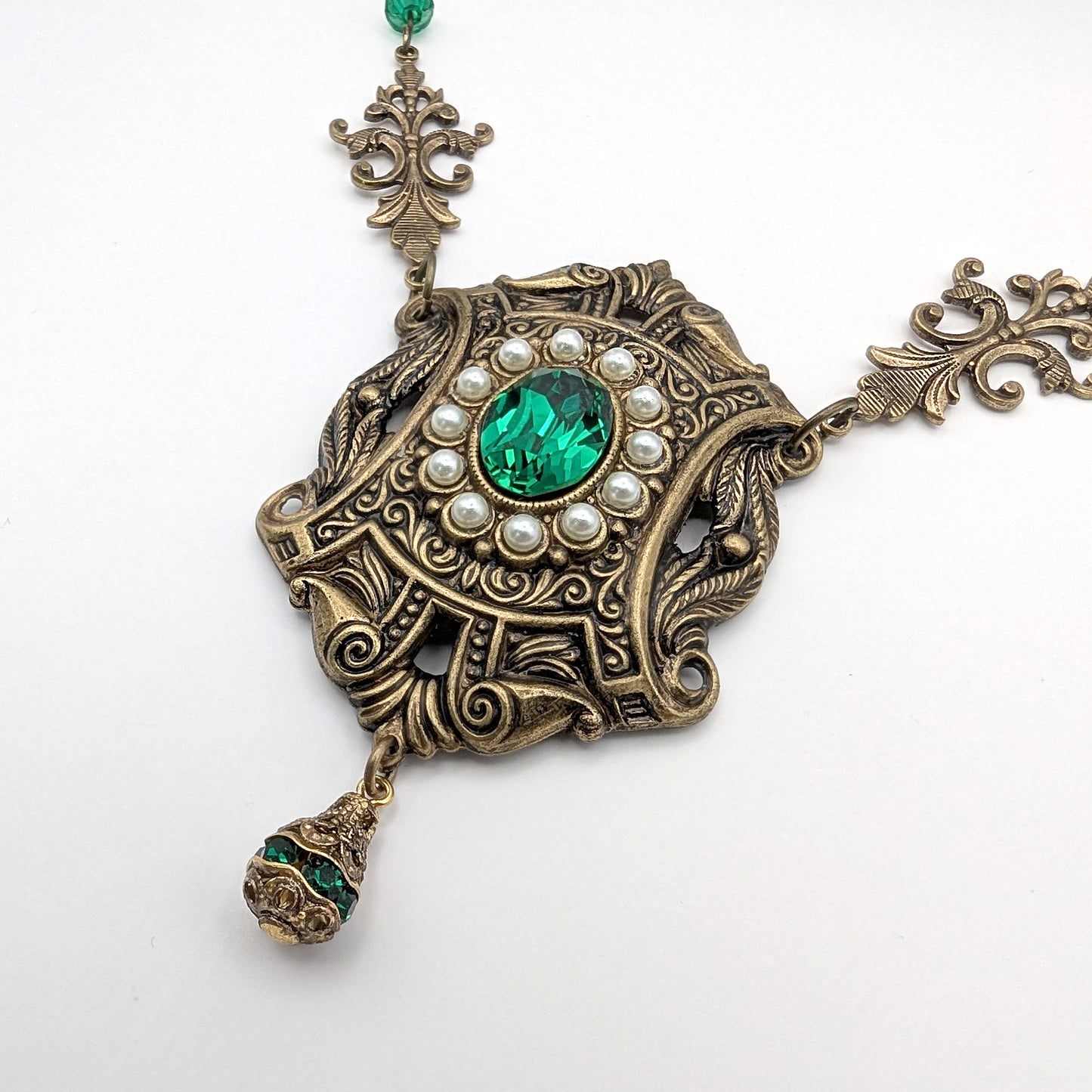 Victorian Baroque Vintage Style Brass Necklace made with Swarovski Emerald Green stone and pearl accents