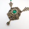 Victorian Baroque Vintage Style Brass Necklace made with Swarovski Emerald Green stone and pearl accents