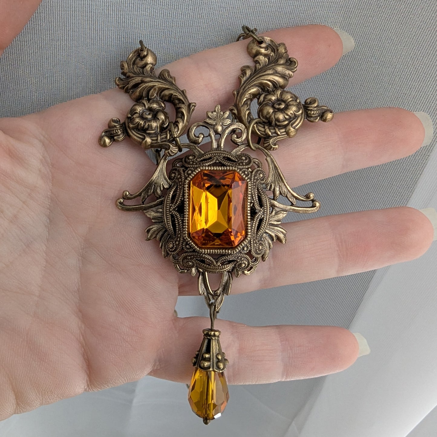 Eloquent Baroque Vintage Necklace with Emerald-cut Orange Topaz Crystal, Gothic Statement Necklace