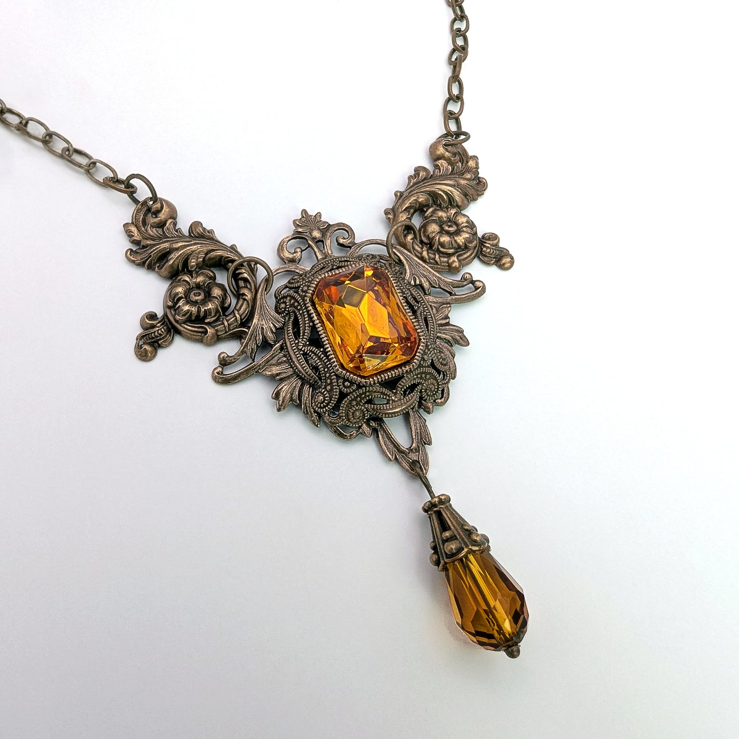 Eloquent Baroque Vintage Necklace with Emerald-cut Orange Topaz Crystal, Gothic Statement Necklace