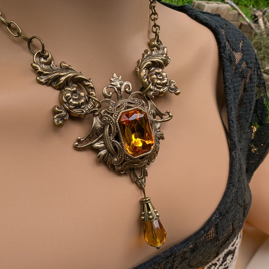 Eloquent Baroque Vintage Necklace with Emerald-cut Orange Topaz Crystal, Gothic Statement Necklace
