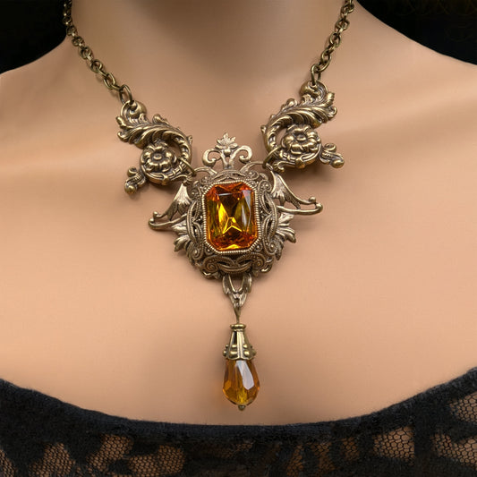 Eloquent Baroque Vintage Necklace with Emerald-cut Orange Topaz Crystal, Gothic Statement Necklace
