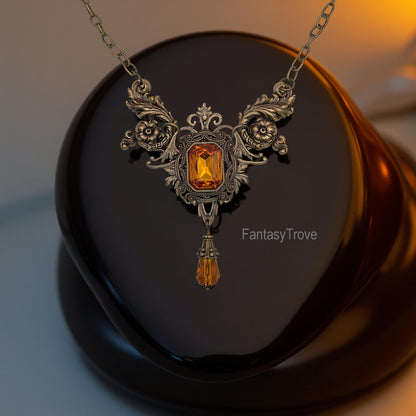 Eloquent Baroque Vintage Necklace with Emerald-cut Orange Topaz Crystal, Gothic Statement Necklace
