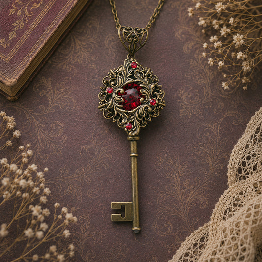 Decorative key necklace with red gemstones on a textured surface with flowers and lace.  Vintage Fairycore Key Necklace with Red Swarovski Crystal – Gothic Fantasy Jewelry