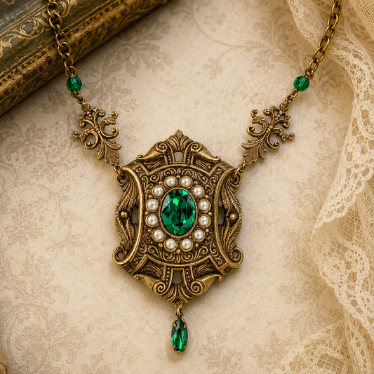 Victorian Swarovski Pearl & Green Crystal Bridal Necklace – Antique Brass Vintage Statement Jewelry on antique lace background