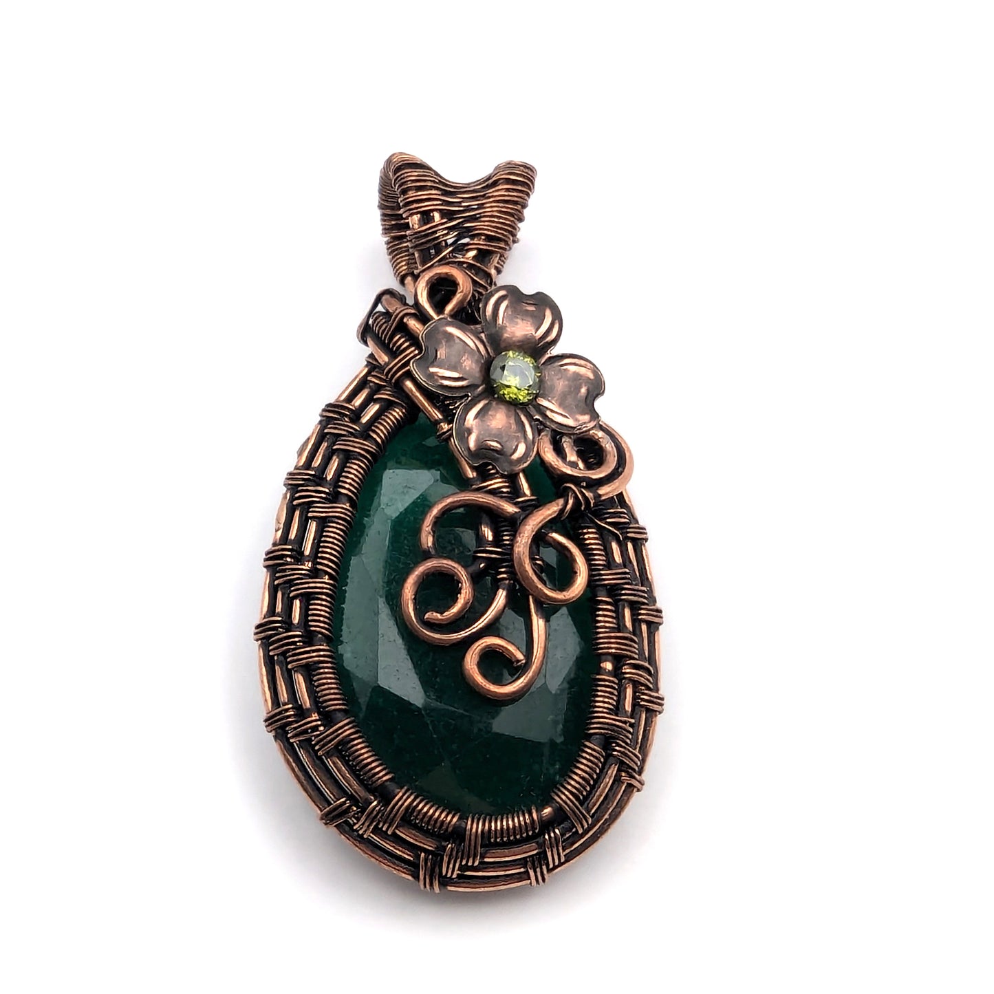 Emerald Beryl Faceted Wire Wrapped Stone Pendant Necklace with Flower and CZ crystal, Fairy Jewelry