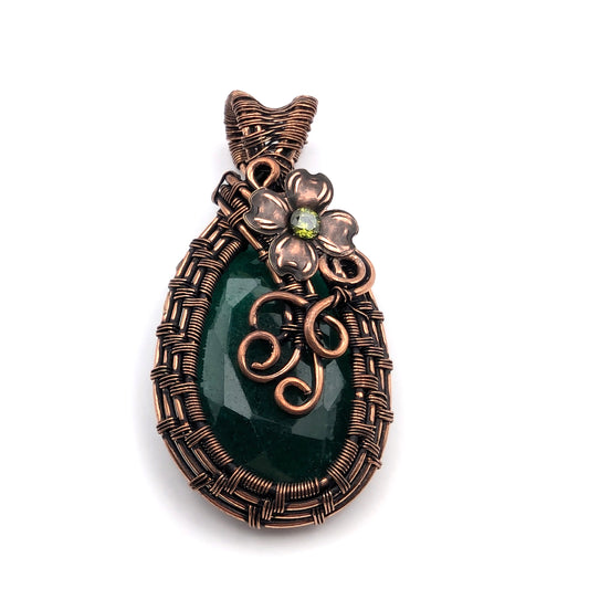 Emerald Beryl Faceted Wire Wrapped Stone Pendant Necklace with Flower and CZ crystal, Fairy Jewelry