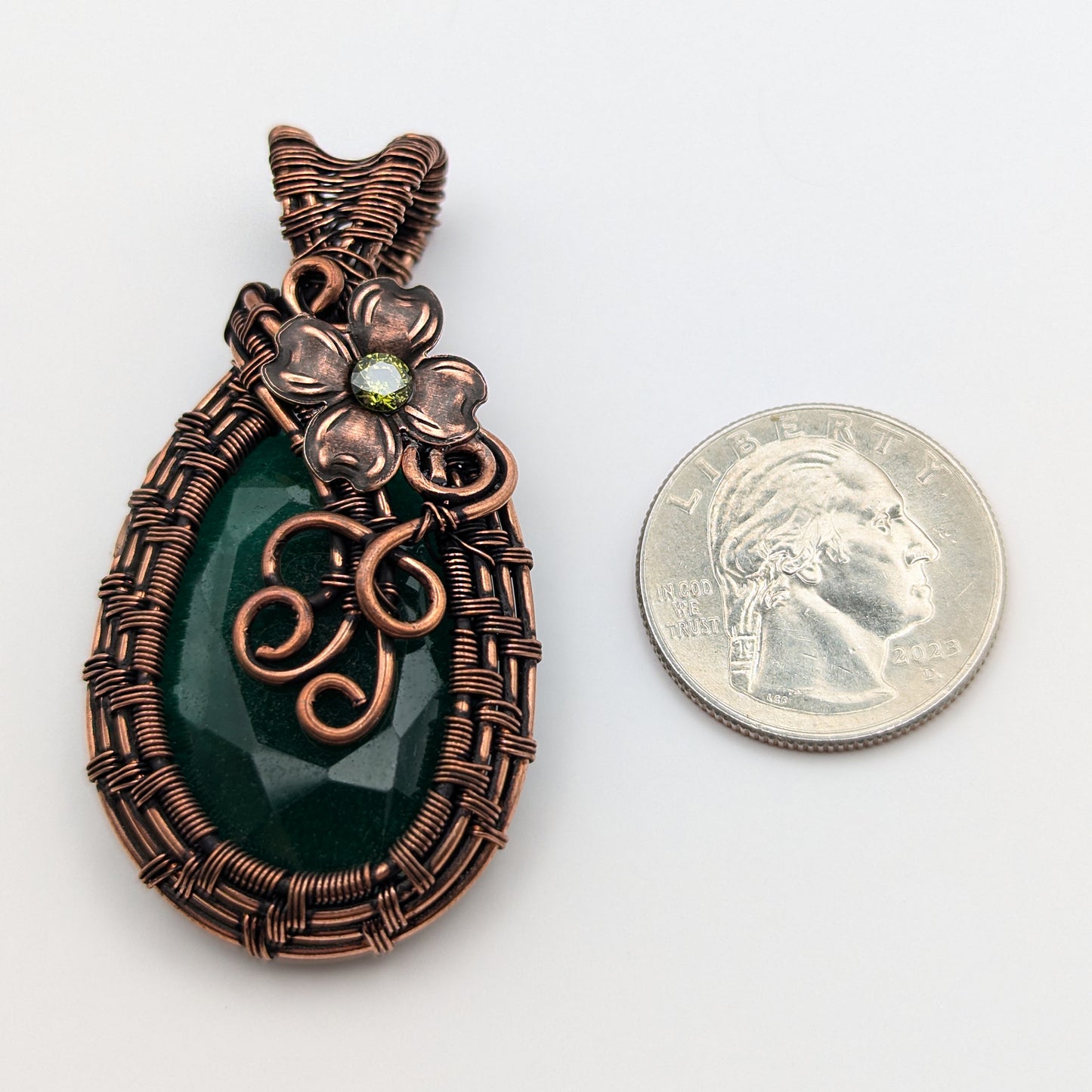 Emerald Beryl Faceted Wire Wrapped Stone Pendant Necklace with Flower and CZ crystal, Fairy Jewelry