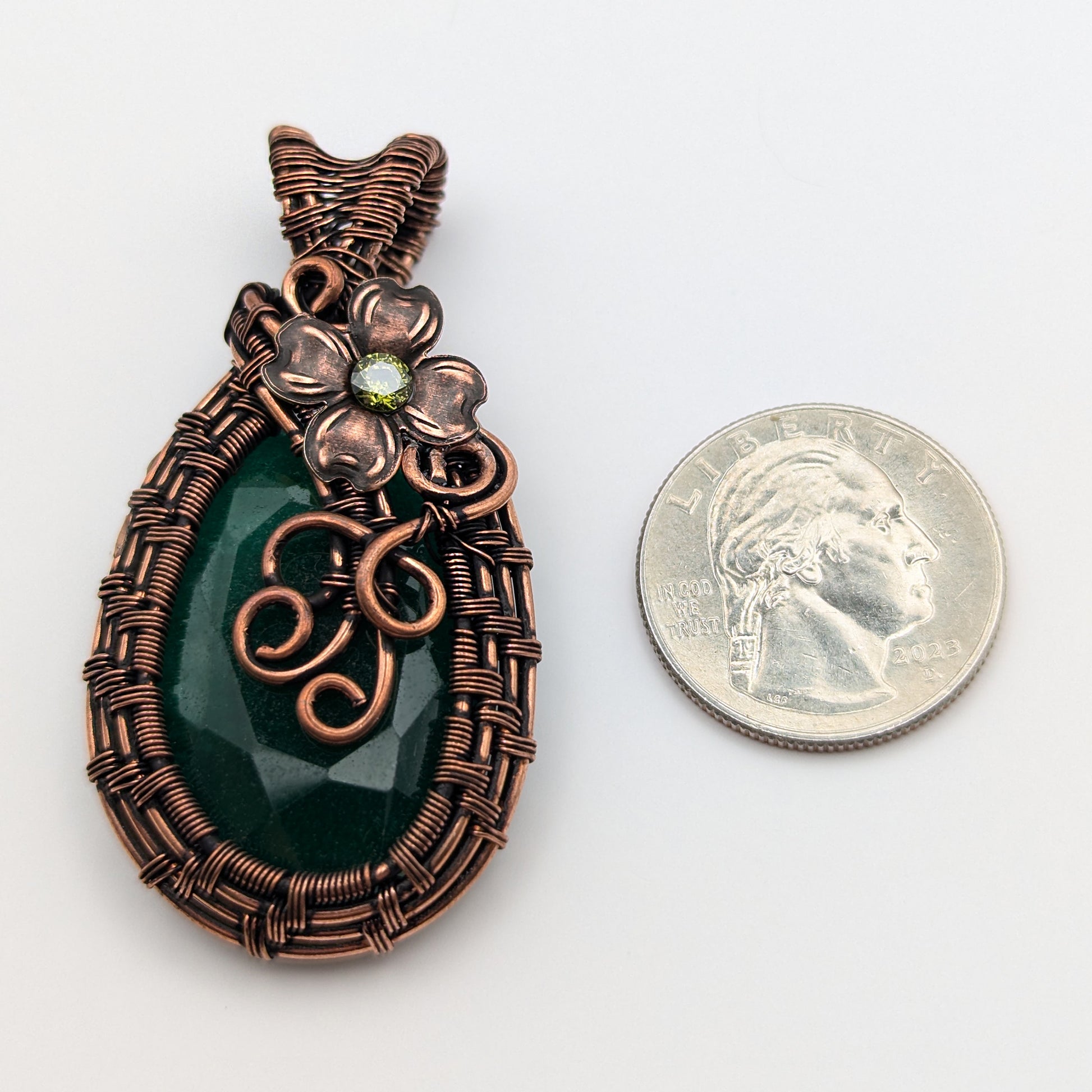 Emerald Beryl Faceted Wire Wrapped Stone Pendant Necklace with Flower and CZ crystal, Fairy Jewelry