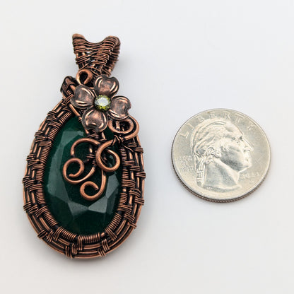 Emerald Beryl Faceted Wire Wrapped Stone Pendant Necklace with Flower and CZ crystal, Fairy Jewelry