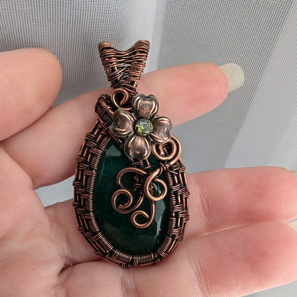 Emerald Beryl Faceted Wire Wrapped Stone Pendant Necklace with Flower and CZ crystal, Fairy Jewelry
