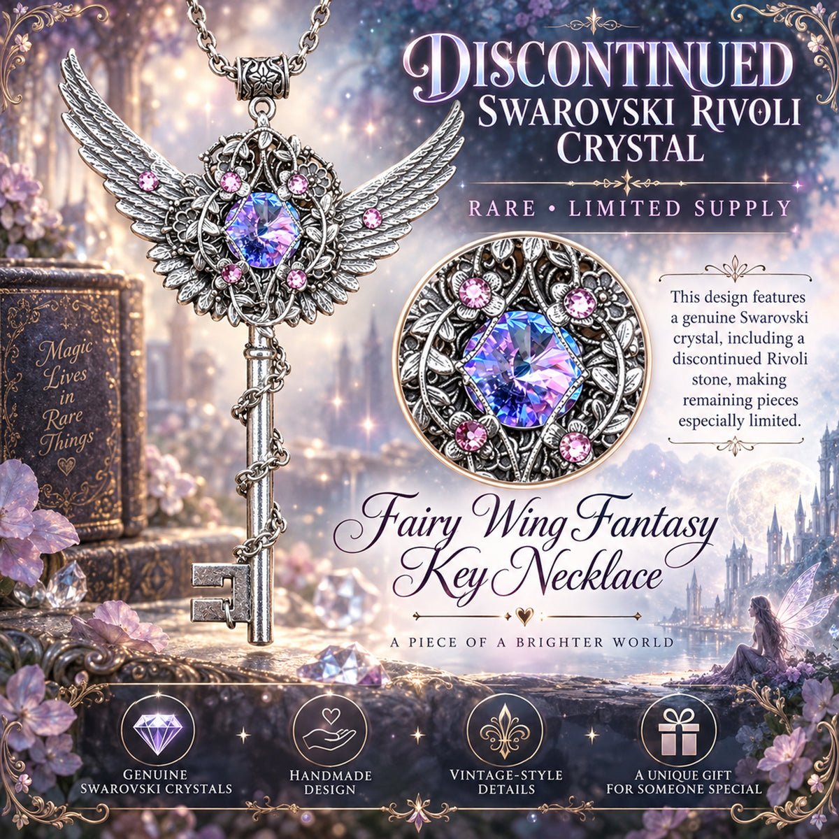 Silver Winged Key Necklace with Swarovski Crystal – Fantasy Fairycore Statement Jewelry