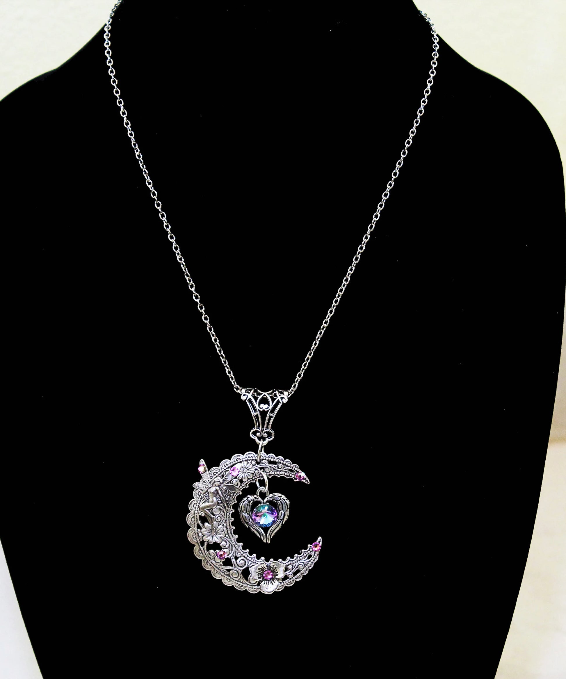 Magical  Sterling Silver Vintage Fairy on Crescent Moon necklace with  a heart and Swarovski crystals.  Fantasy jewelry lover gift.