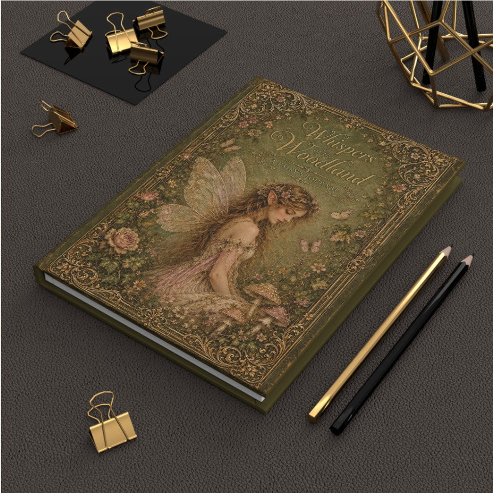 Decorative notebook with fairy design on a dark surface with office supplies.