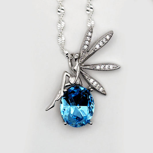 Sterling Silver Fairy Pendant with Swarovski Aquamarine Crystal, Fantasy Jewelry