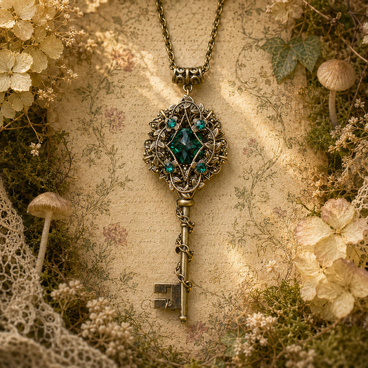 Decorative key-shaped pendant with Emerald green Swarovski crystal on a textured surface with flowers and mushrooms.  Fairycore jewelry