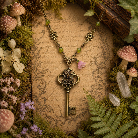 Antique key necklace on an old map with mushrooms and flowers.  Fairycore Key Necklace, Swarovski Floral Pendant, Cottagecore Fantasy Jewelry