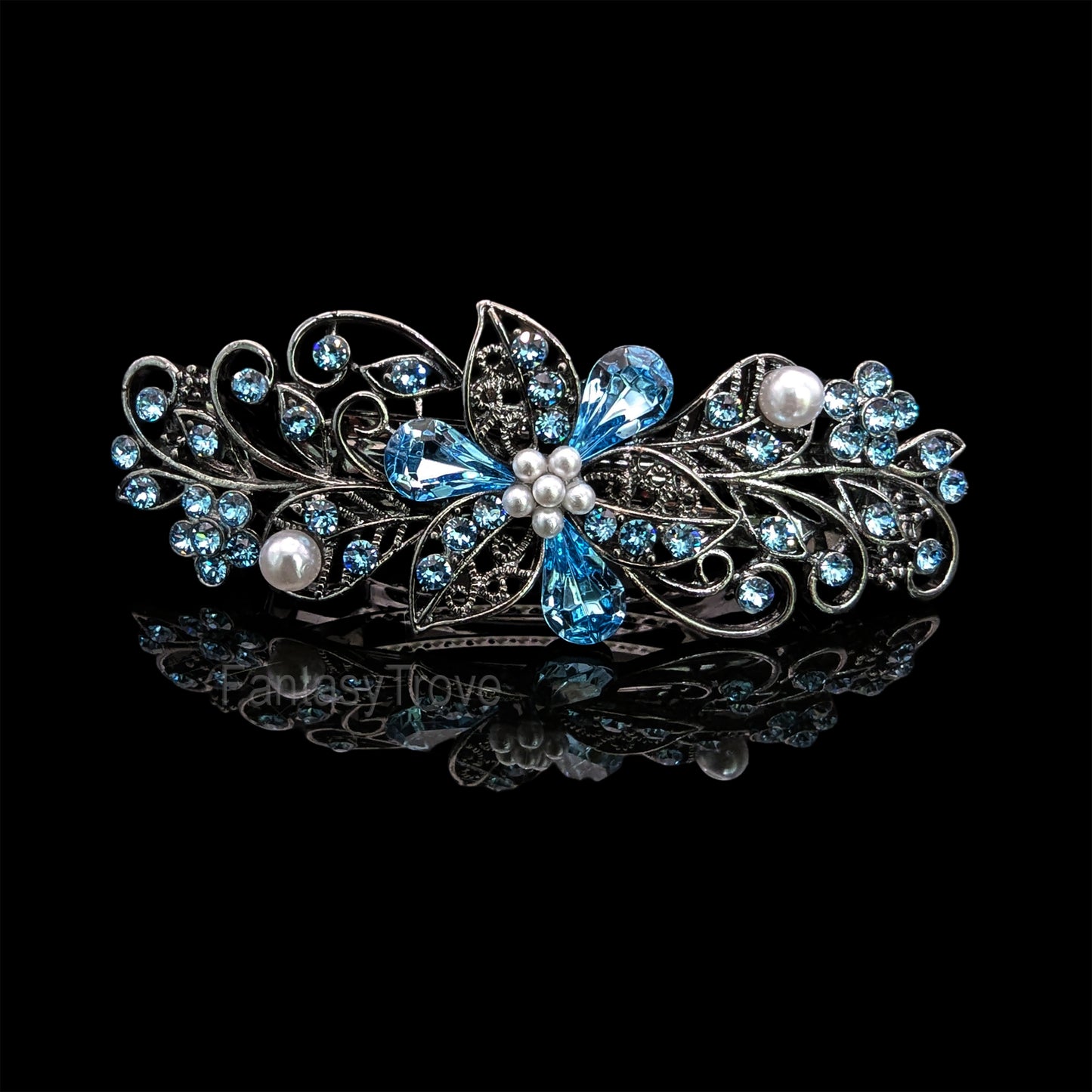 Swarovski Aquamarine Floral Crystal Hair Clips, Fancy Hair Barrettes, Bridal Hair Accessories, Hair Barrettes for Thick Hair, Vintage Jewelry, Elven Jewelry, Wedding Jewelry