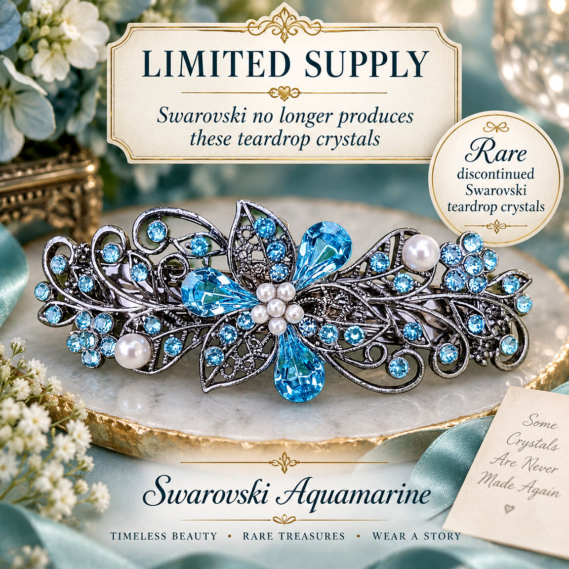 Aquamarine Swarovski Crystal Bridal Hair Barrette | Floral Wedding Hair Clip