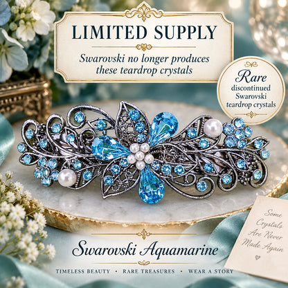 Aquamarine Swarovski Crystal Bridal Hair Barrette | Floral Wedding Hair Clip