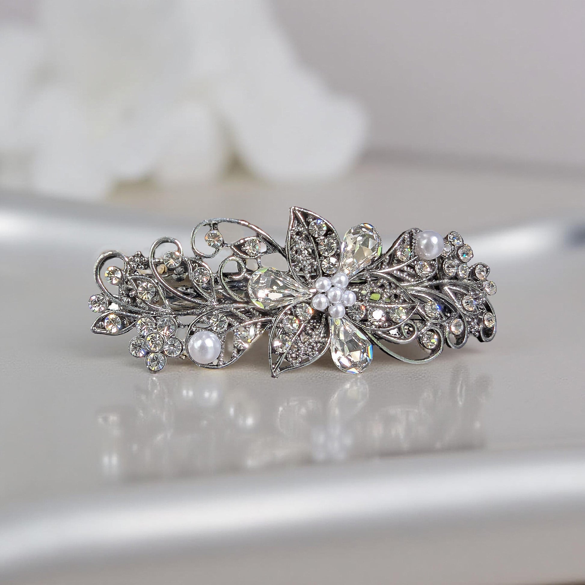 Elegant Floral Bridal Hair Barrette with Clear Swarovski Crystals – Perfect for Thick Hair