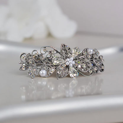 Elegant Floral Bridal Hair Barrette with Clear Swarovski Crystals – Perfect for Thick Hair