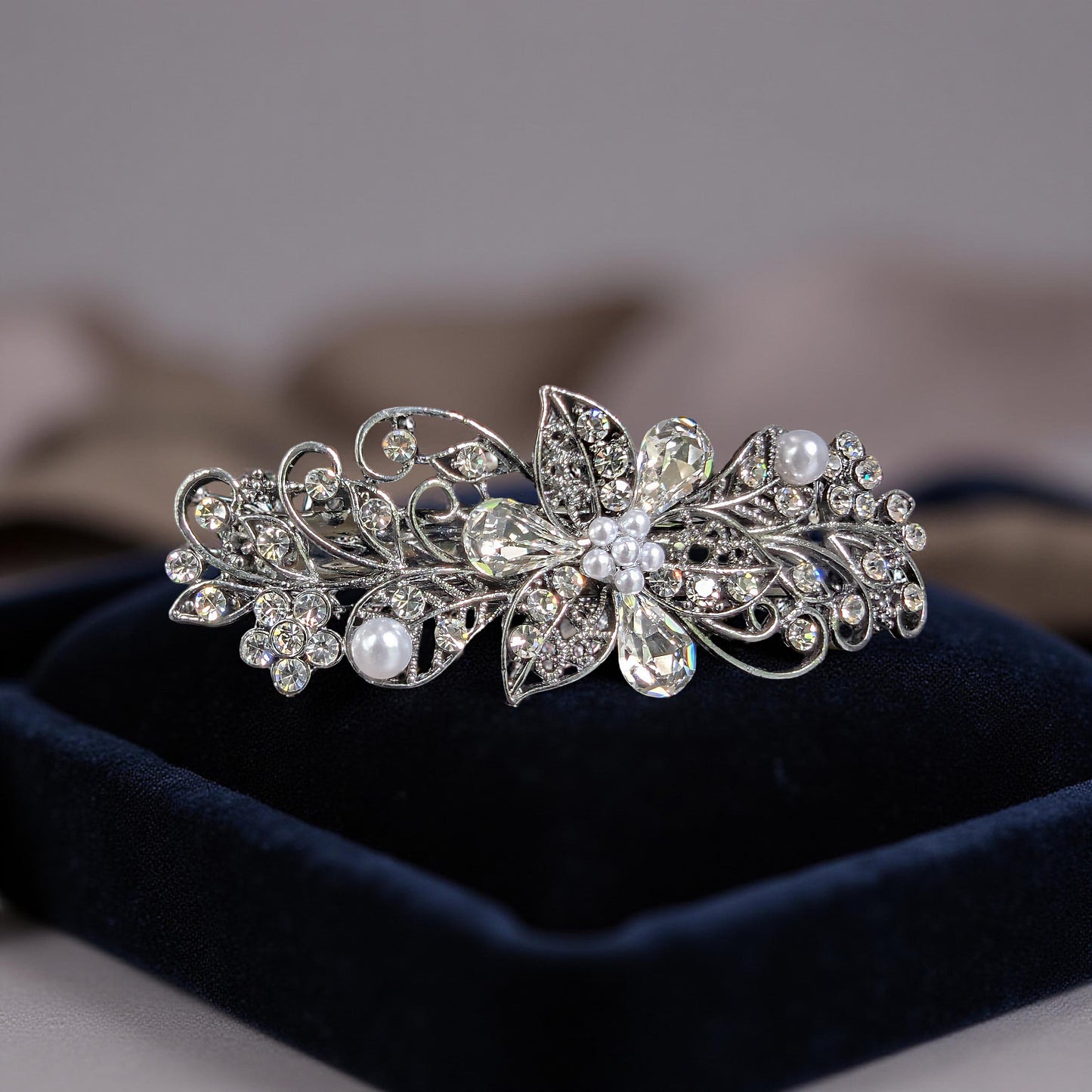 Elegant Floral Bridal Hair Barrette with Clear Swarovski Crystals – Perfect for Thick Hair