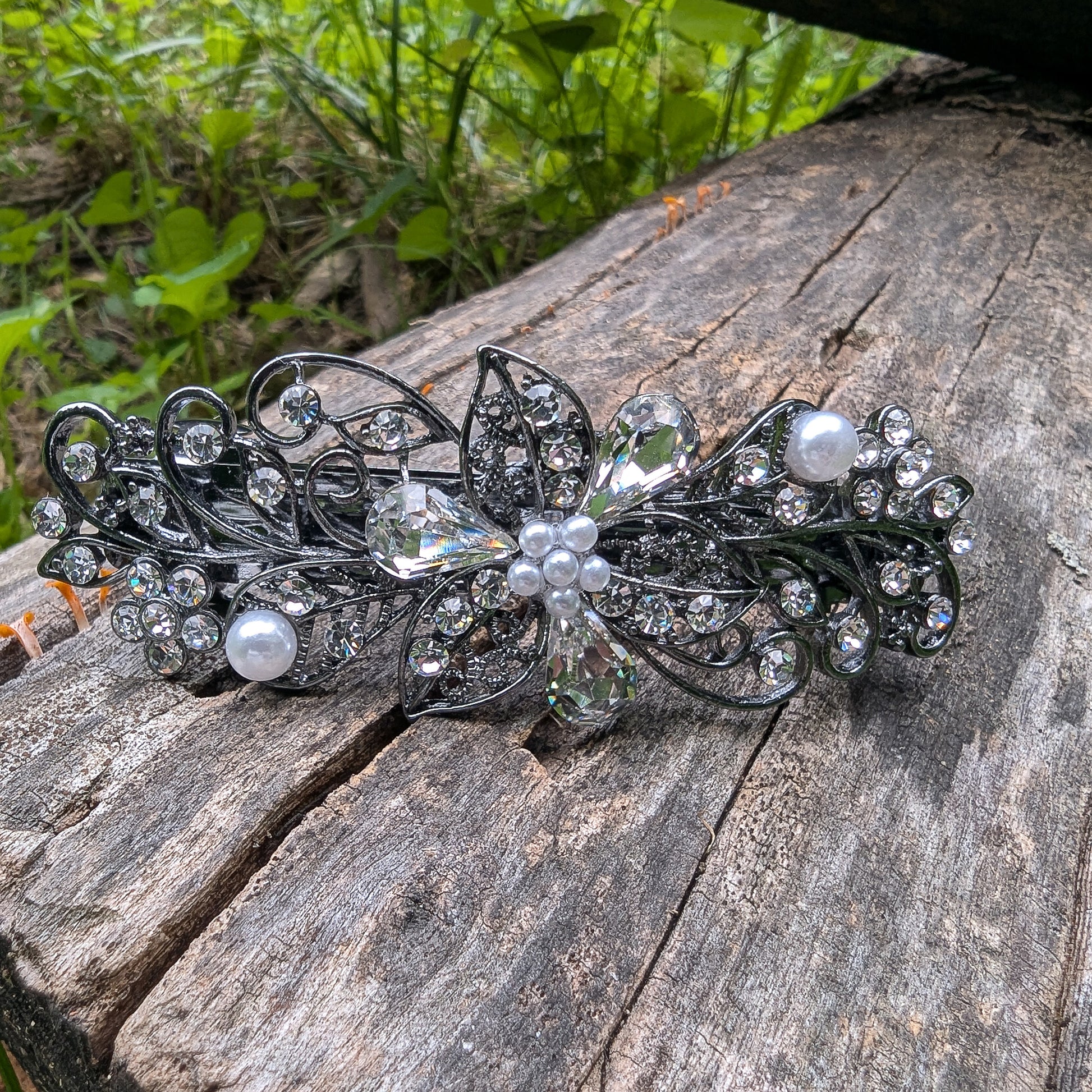 Elegant Floral Bridal Hair Barrette with Clear Swarovski Crystals – Perfect for Thick Hair