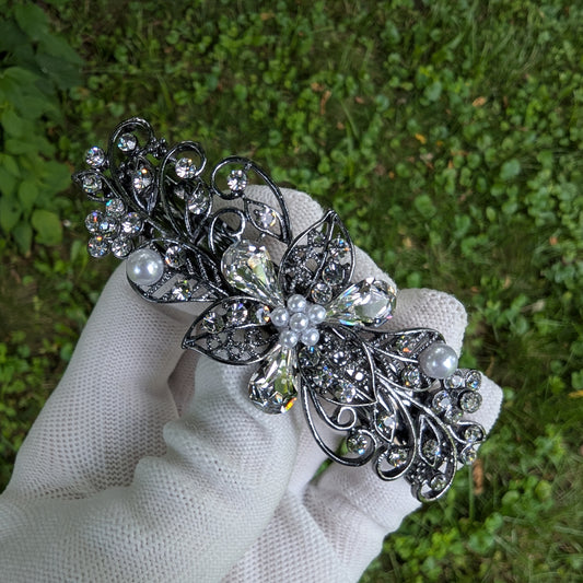 Elegant Floral Bridal Hair Barrette with Clear Swarovski Crystals – Perfect for Thick Hair