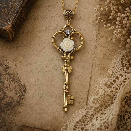 Whimsical Gold key-shaped necklace with a white rose pendant on an old document background, fairycore fashion jewelry.