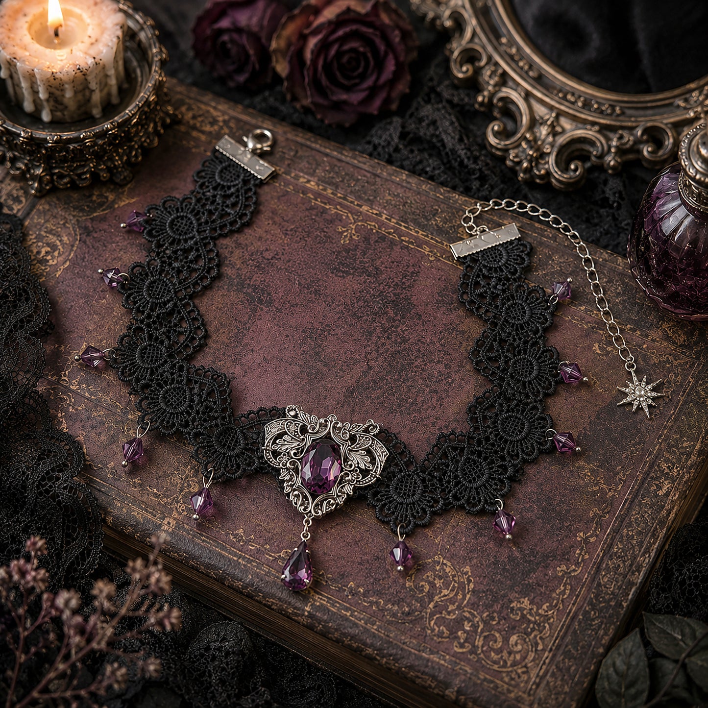 Black lace choker necklace with purple Amethyst Swarovski crystals on an old book with a candle and roses in the background