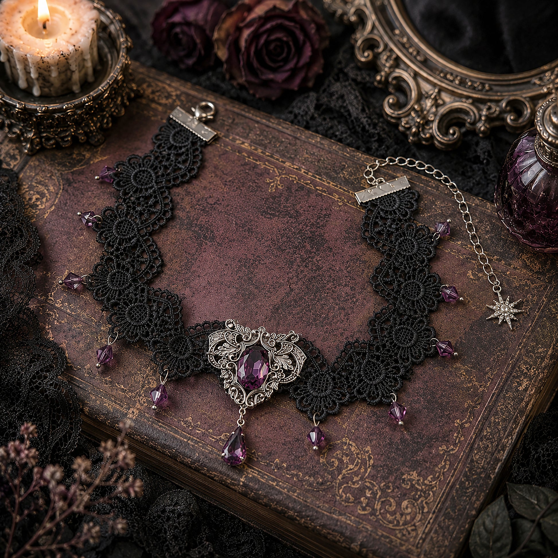 Black lace choker necklace with purple Amethyst Swarovski crystals on an old book with a candle and roses in the background