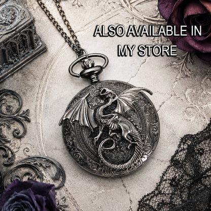 Gothic Dragon Pocket Watch Necklace with Blue Opal, Fantasy Jewelry
