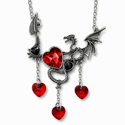 Necklace with dragon and red heart design on a white background.  Gothic romance dragon fantasy jewelry.